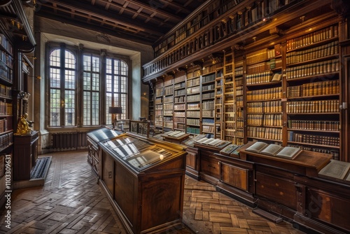 A grand, old library filled with countless books, showcasing its rich history and the love of learning. photo