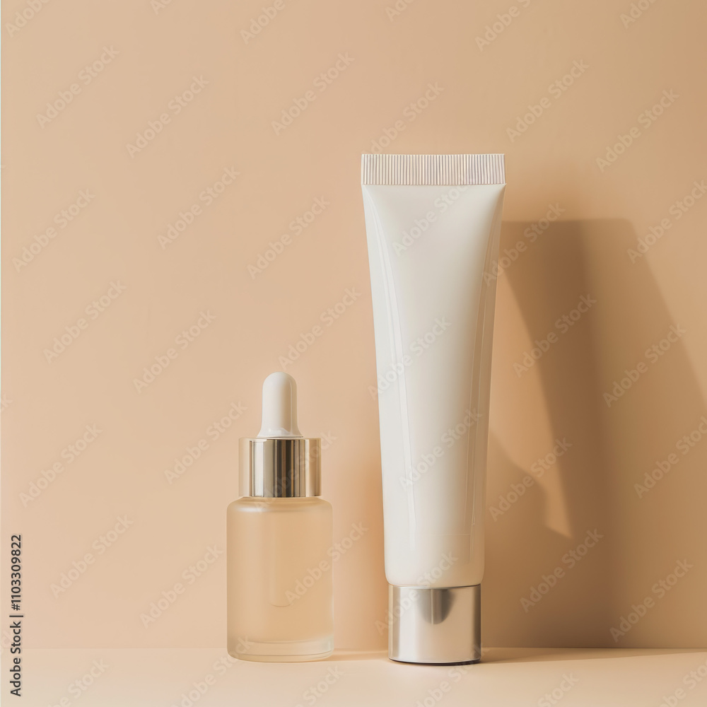 an image of a serum bottle next to it is a moisturiser in tall white tube, beige background- an image of a serum bottle next to it is a moisturiser in tall white tube, beige background-