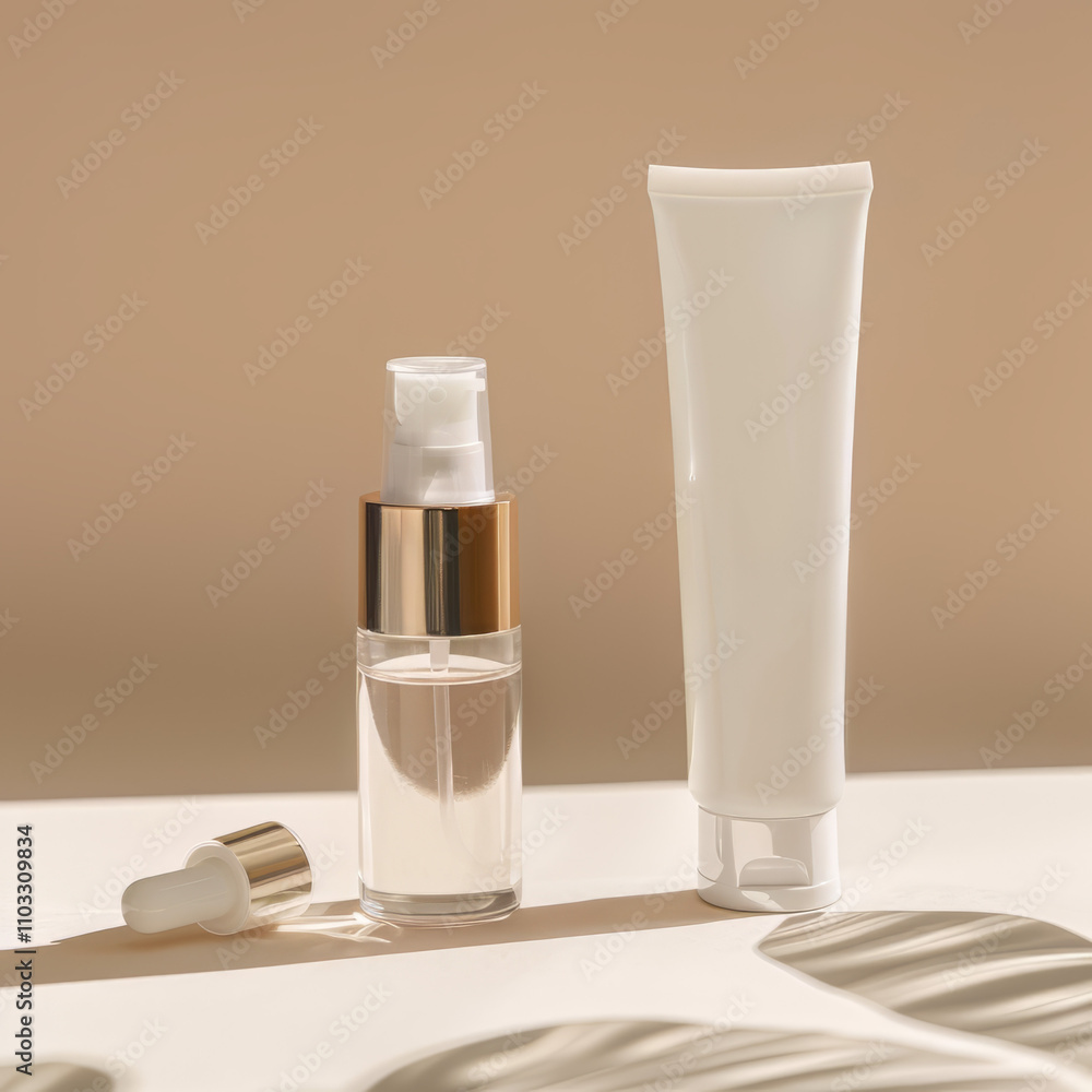 an image of a serum bottle next to it is a moisturiser in tall white tube, beige background- an image of a serum bottle next to it is a moisturiser in tall white tube, beige background-