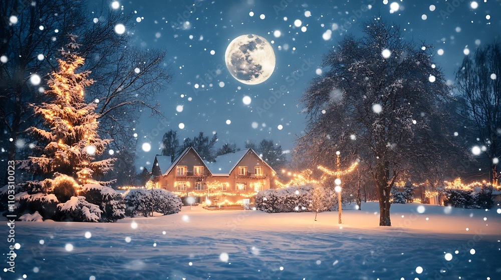 a snowy village and a full moon in the sky a snowy village and a full moon in the sky