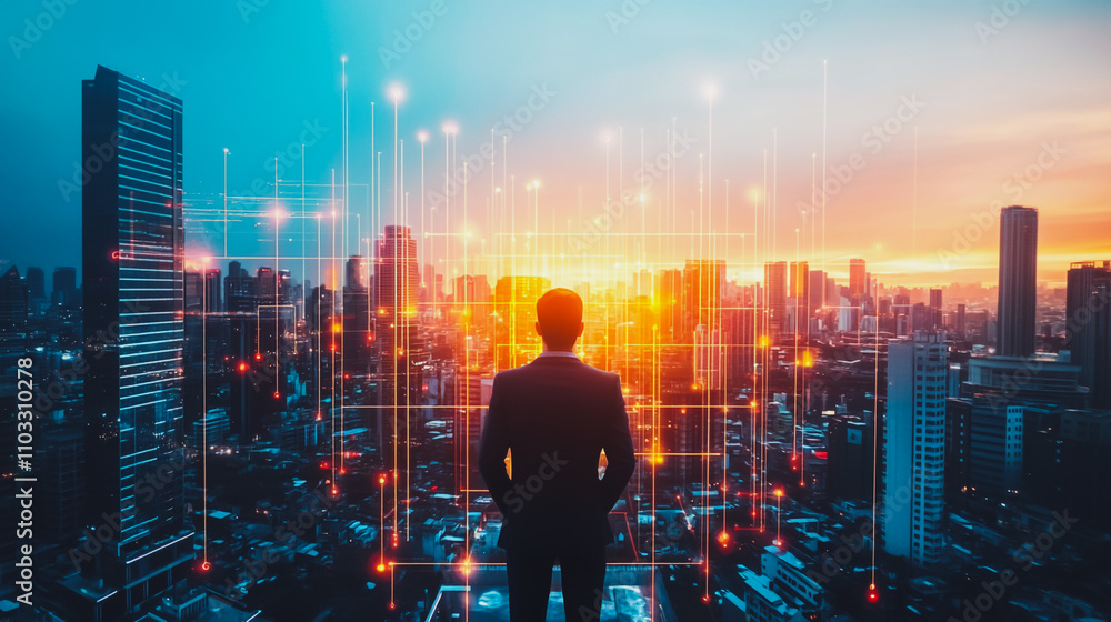 Abstract business man stands on the peak of success amid tall, innovative Smart city and graphs with statistics to analyze business potential and predict future developments in company growth.
Abstract business man stands on the peak of success amid tall, innovative Smart city and graphs with statistics to analyze business potential and predict future developments in company growth.
