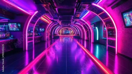 vivid futuristic nightclub interior, glowing neon lights in purple and pink, glossy floors, high-tech aesthetics, immersive cyberpunk atmosphere with digital screens