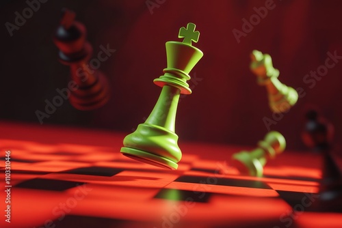 Chess figures drifting over the board under dramatic illumination photo