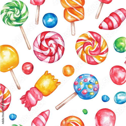 Watercolor candy pattern, lollipops and candies on a white background