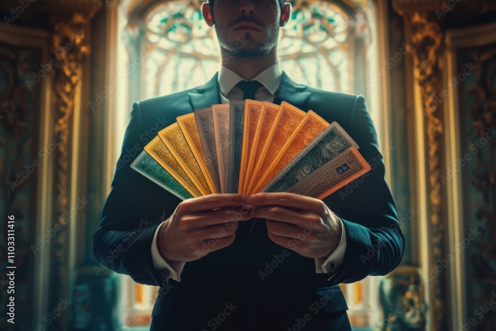 Obraz premium A man is holding a fan with a bunch of different colored bills in it
