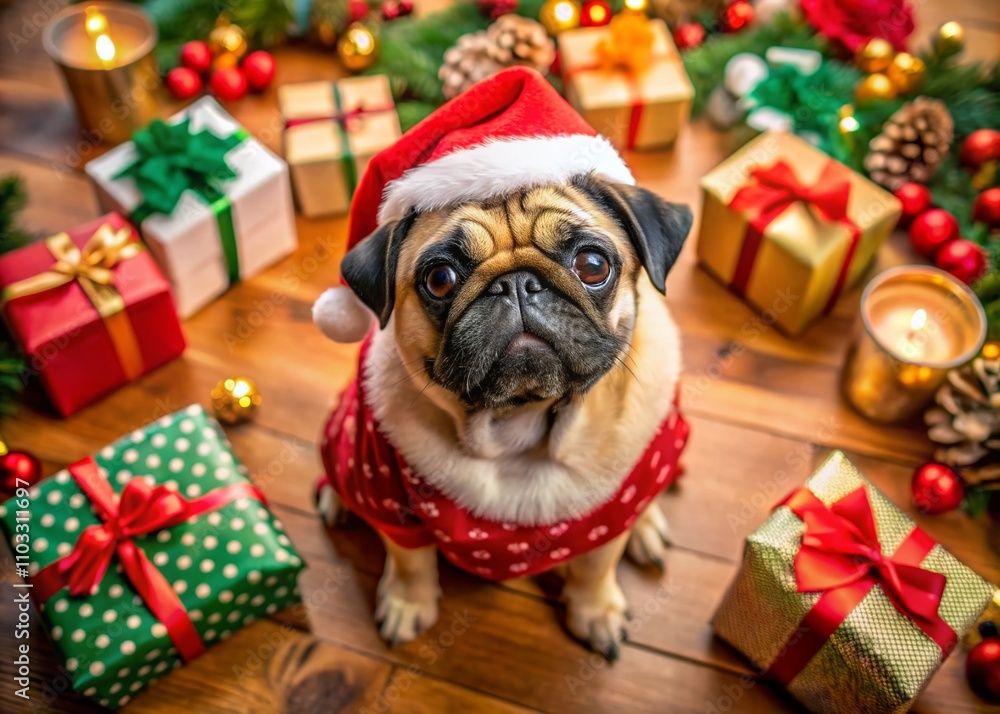 Adorable Pug Dog in Santa Hat and Festive Sweater Surrounded by Colorful Christmas Gifts and Decorations for a Heartwarming Holiday Scene Adorable Pug Dog in Santa Hat and Festive Sweater Surrounded by Colorful Christmas Gifts and Decorations for a Heartwarming Holiday Scene