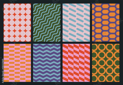 Set of colorful geometric backgrounds. Minimalist posters in trendy vintage style. Abstract design with simple shapes for greeting card, flyer, cover, wallpaper, brochure, banner, social media.