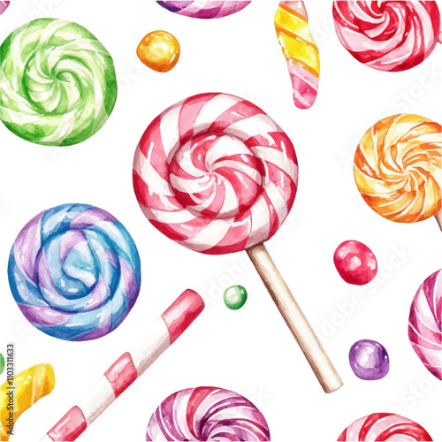 Watercolor candy pattern, lollipops and candies on a white background