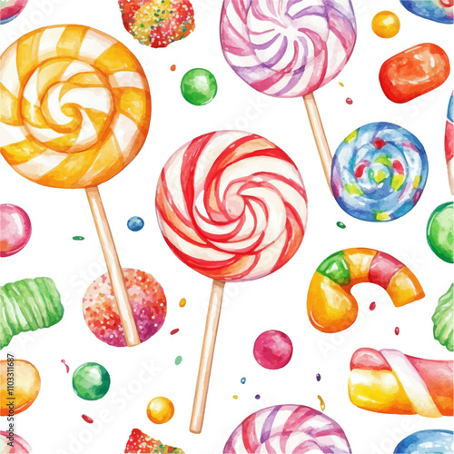 Watercolor candy pattern, lollipops and candies on a white background
