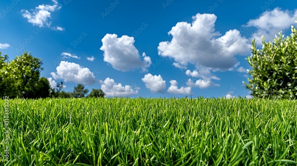 A field of green grass with a blue sky and clouds in the background. The sky is clear and bright, and the clouds are scattered throughout the sky. The grass is lush and vibrant, creating a peaceful A field of green grass with a blue sky and clouds in the background. The sky is clear and bright, and the clouds are scattered throughout the sky. The grass is lush and vibrant, creating a peaceful