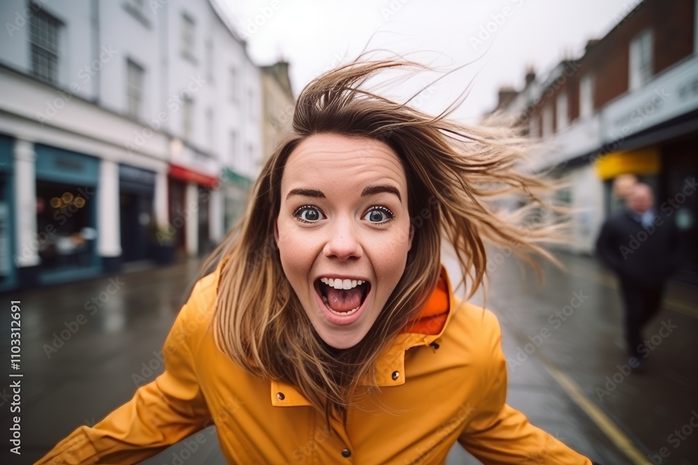 Surprised young woman in the city street with her hair flying in the air Surprised young woman in the city street with her hair flying in the air