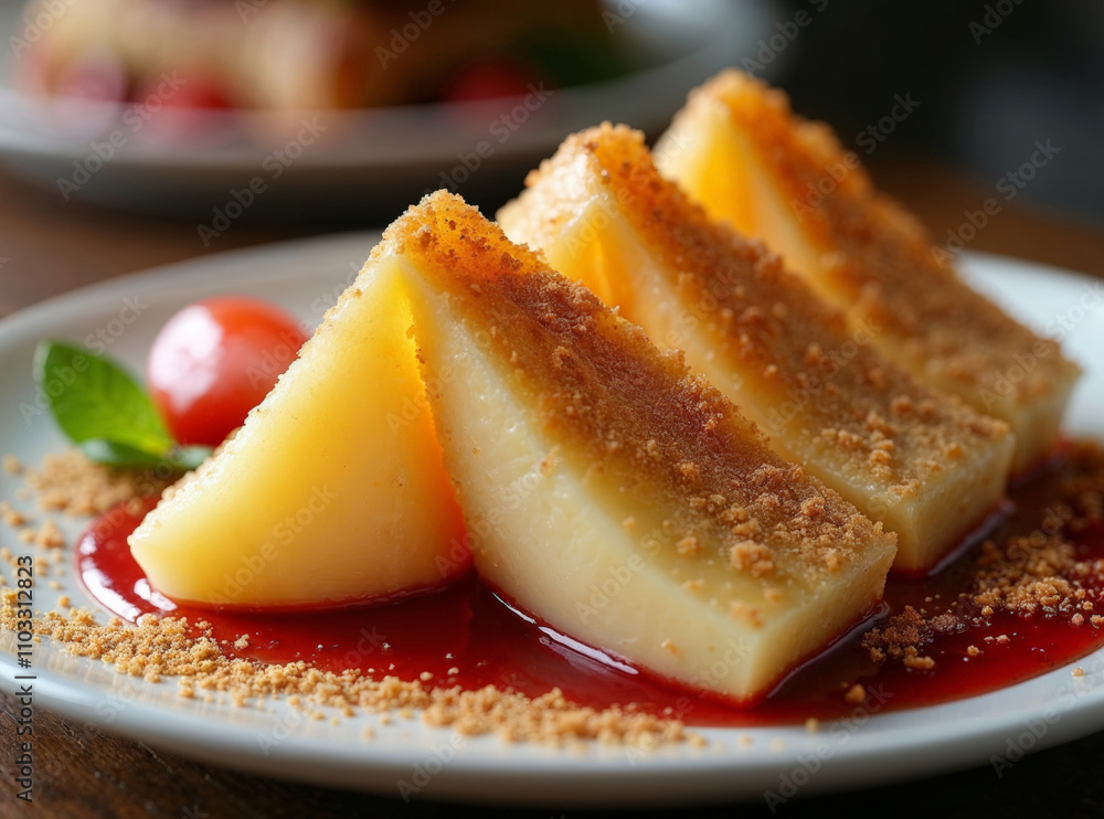 Fried Panna Cotta with Cheesecake Dipping Sauce and Churro Dust