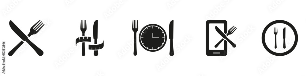 Fototapeta premium Diet and Meal Management Silhouette Icon Set, Featuring Cutlery, Time, and Mobile Tracking Symbols. Meal Timing Glyph Sign. Isolated Vector Illustration