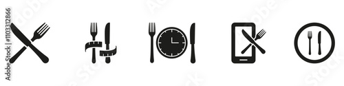 Diet and Meal Management Silhouette Icon Set, Featuring Cutlery, Time, and Mobile Tracking Symbols. Meal Timing Glyph Sign. Isolated Vector Illustration