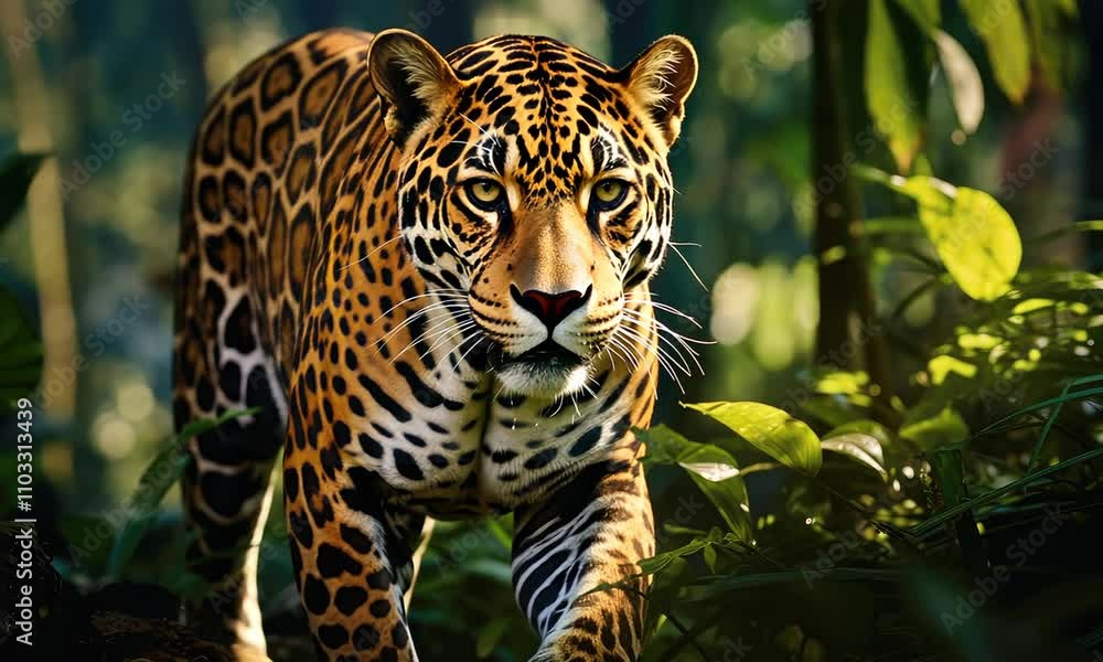 Majestic jaguar prowls through a lush rainforest, showcasing its striking coat and powerful presence Majestic jaguar prowls through a lush rainforest, showcasing its striking coat and powerful presence