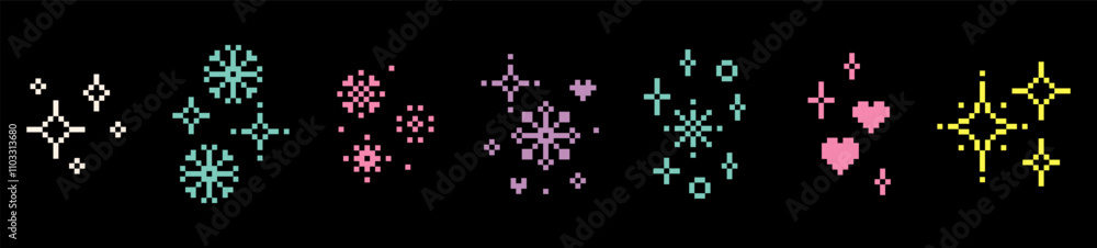 Snowflake, star sparkle in pixel art. Winter game elements set. Simple geometric Christmas icons. Crystal, heart and star collection. Vector holiday magic pixels bright designs. Black background Snowflake, star sparkle in pixel art. Winter game elements set. Simple geometric Christmas icons. Crystal, heart and star collection. Vector holiday magic pixels bright designs. Black background