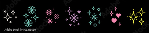 Snowflake, star sparkle in pixel art.  Winter game elements set. Simple geometric Christmas icons. Crystal, heart and star collection. Vector holiday magic pixels bright designs. Black background