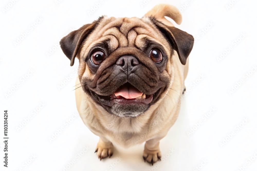 Fototapeta premium Adult Pug Dog Walking Toward the Camera, Looking Up, Isolated on a White Background, Perfect for Pet Lovers and Dog Enthusiasts, Capturing the Playful Nature of Pugs