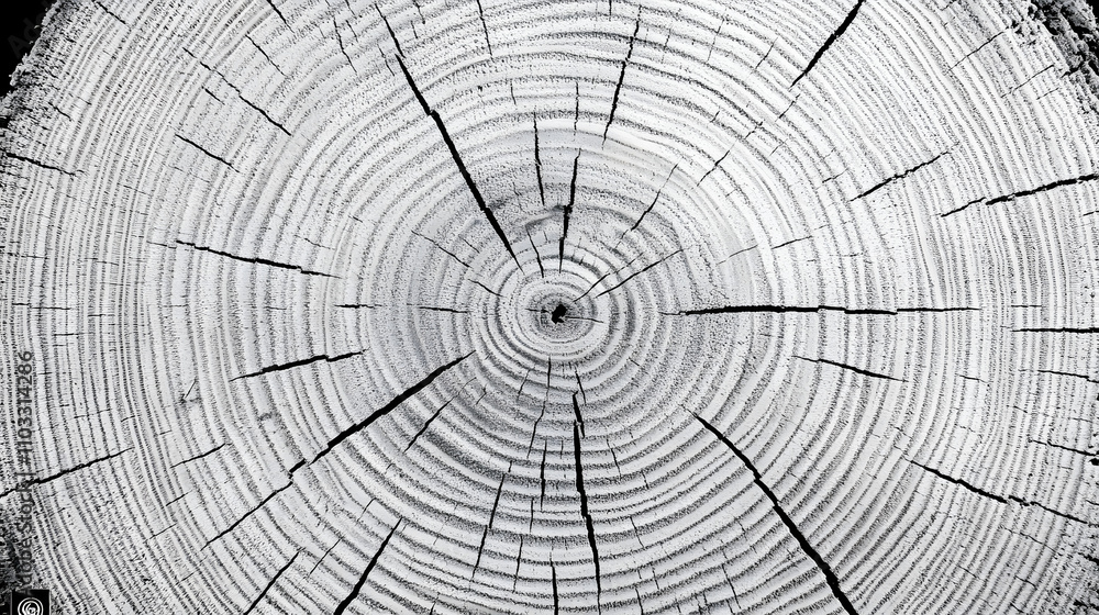 Obraz premium Close-up black and white image of a tree cross-section, revealing intricate concentric rings and radial cracks. The texture is detailed and shows the growth rings clearly.