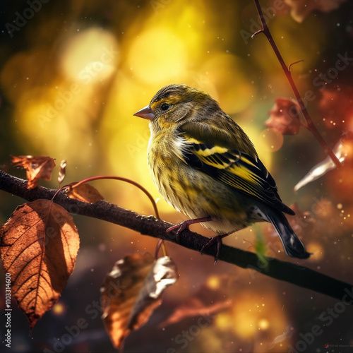 Small Bird on Autumn Branch