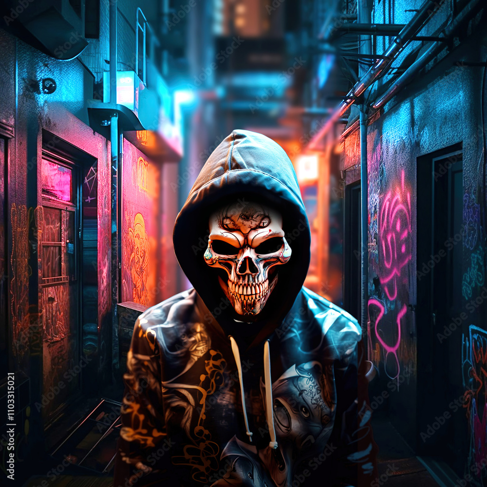 Person with Skull Mask in Dark Alley Person with Skull Mask in Dark Alley