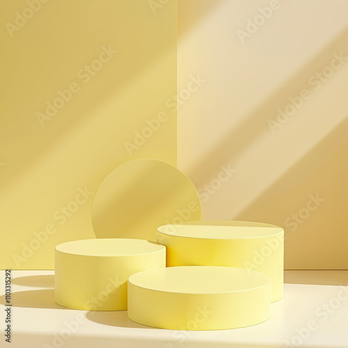 high resolution mockup for product photography, circle platforms, pastel yellow, studio lighting, kids mood