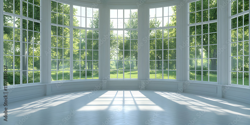 Sunlit Room, Elegant Interior with Expansive Garden Views Sunlit Room, Elegant Interior with Expansive Garden Views
