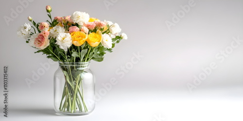 Bouquet of delicate spring flowers in a glass vase on a gray background. Congratulatory banner copyspace.