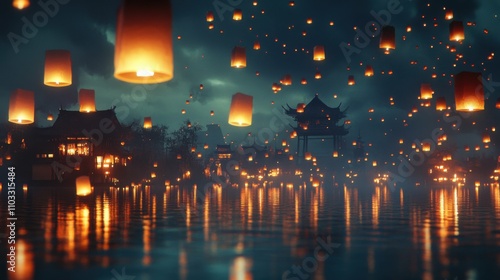 Floating paper lanterns lighting up a dark sky