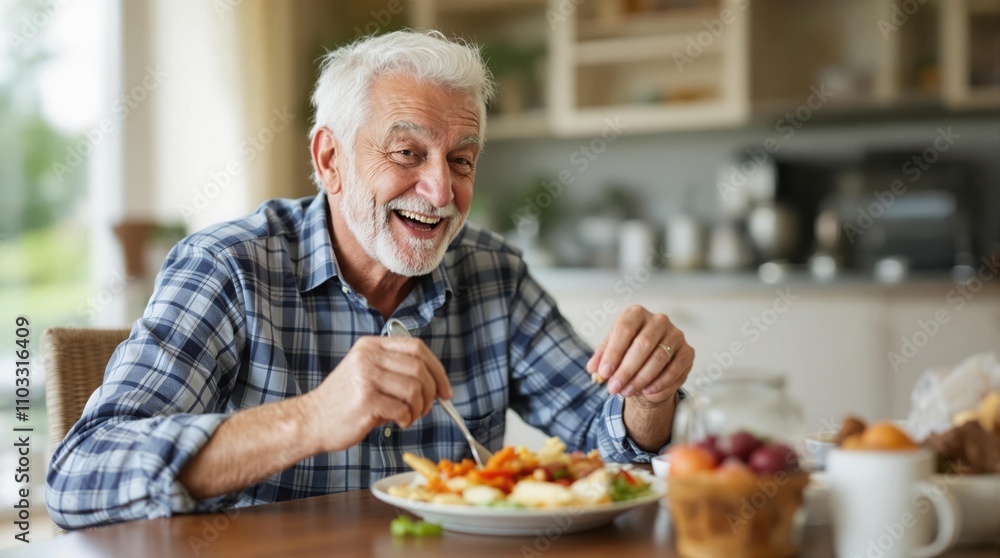 Realistic, warm photography of a cheerful senior man in a cozy retirement home, savoring a healthy lunch at a sunlit dining table, radiating well-being and contentment Realistic, warm photography of a cheerful senior man in a cozy retirement home, savoring a healthy lunch at a sunlit dining table, radiating well-being and contentment
