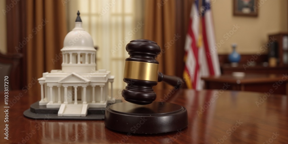 Judicial gavel on wooden desk with courthouse model and American flag in the background Judicial gavel on wooden desk with courthouse model and American flag in the background