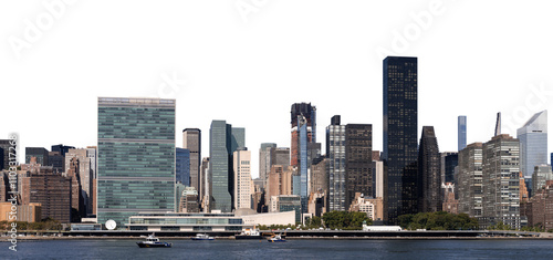 United Nations building with surrounding Manhattan skyline, isolated on a clean white background, showcasing modern architectural design photo