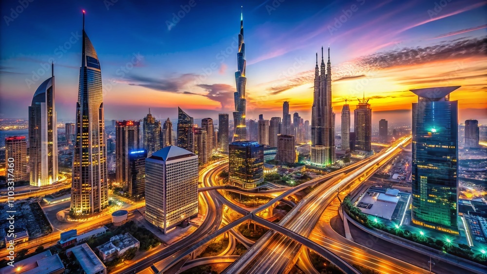 Aerial Long Exposure of Dubai's Skyline at Dusk Showcasing the Vibrant Urban Metropolis and Iconic Skyscrapers in the UAE's Financial and Business Districts Aerial Long Exposure of Dubai's Skyline at Dusk Showcasing the Vibrant Urban Metropolis and Iconic Skyscrapers in the UAE's Financial and Business Districts