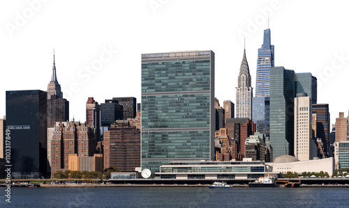 United Nations Headquarters in NYC alongside iconic Manhattan skyline, isolated on a white background. Urban cityscape concept