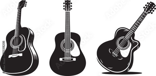 Acoustic Guitar Silhouette Set, A trio of classic acoustic guitars in a minimalist black and white silhouette, perfect for music and design projects.  