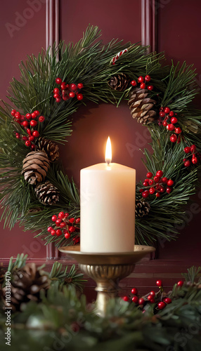 Warm glow of a candle surrounded by festive evergreens in a cozy holiday setting. Generative AI