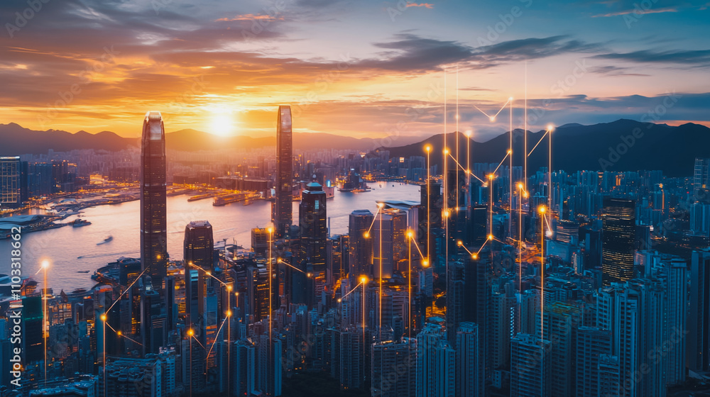 Smart digital city with connection cyber security network reciprocity over the cityscape . future smart wireless digital city and social media networking systems that connects people within the city