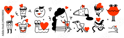 Vector valentine doodle logos design template set and graphic elements for advertising, branding, posters and banners. Funny cartoon illustration with smiling characters and mascots with hearts