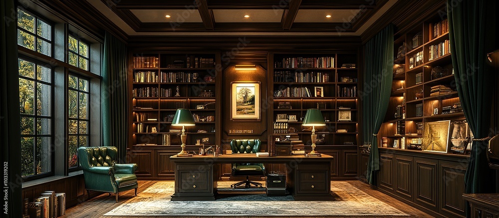 A luxurious office space featuring bookshelves, a desk, and elegant decor. A luxurious office space featuring bookshelves, a desk, and elegant decor.