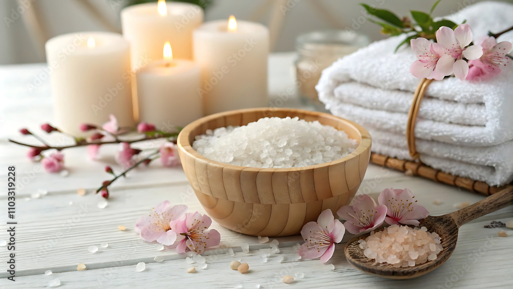 A soothing spa setup featuring Himalayan bath salts in wooden bowls, lit candles, fresh cherry blossoms, and stacked towels on a white wooden surface, creating a serene wellness atmosphere.
A soothing spa setup featuring Himalayan bath salts in wooden bowls, lit candles, fresh cherry blossoms, and stacked towels on a white wooden surface, creating a serene wellness atmosphere.