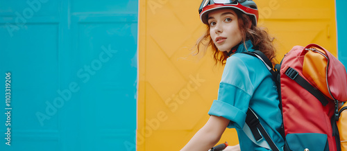 Young female cyclist with backpack in vibrant urban setting, colorful background photo