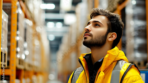 Wallpaper Mural Warehouse Worker Contemplating Inventory Management in a Bright Yellow Jacket Torontodigital.ca