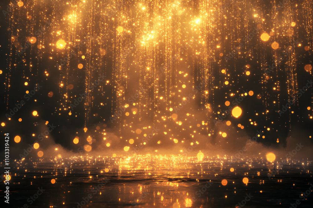 Naklejka premium Golden Celebration: Explosive Fireworks with Enchanting Sparkling Mist Trailing