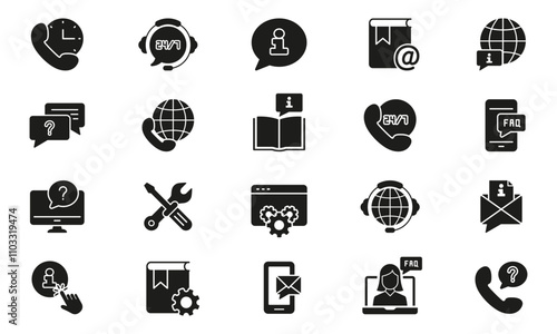 Customer Support Services Silhouette Icon Set. Global Communication and FAQ Tools Glyph Symbol. 24 7 Assistance Sign. Isolated Vector Illustration