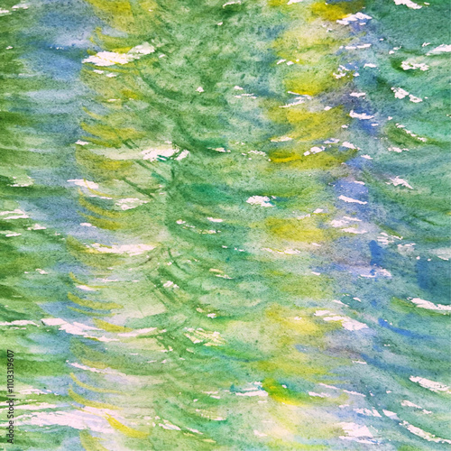 水彩で描いた緑色の模様、湖面に映る木々の絵、緑、黄色、青、黄緑色、筆跡、水彩画、透明水彩で描いた水面、顔彩で描いた湖面、そよ風の吹く草原、風に吹かれる野原