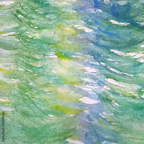 水彩で描いた緑色の模様、湖面に映る木々の絵、緑、黄色、青、黄緑色、筆跡、水彩画、透明水彩で描いた水面、顔彩で描いた湖面、そよ風の吹く草原、風に吹かれる野原