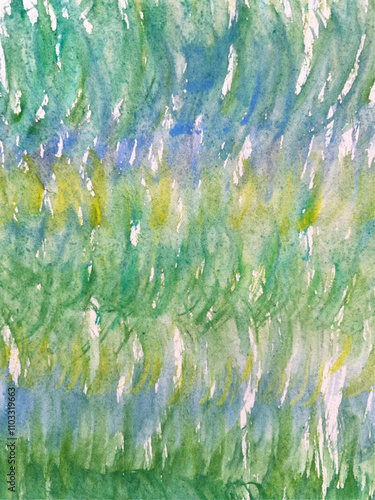 水彩で描いた緑色の模様、湖面に映る木々の絵、緑、黄色、青、黄緑色、筆跡、水彩画、透明水彩で描いた水面、顔彩で描いた湖面、そよ風の吹く草原、風に吹かれる野原