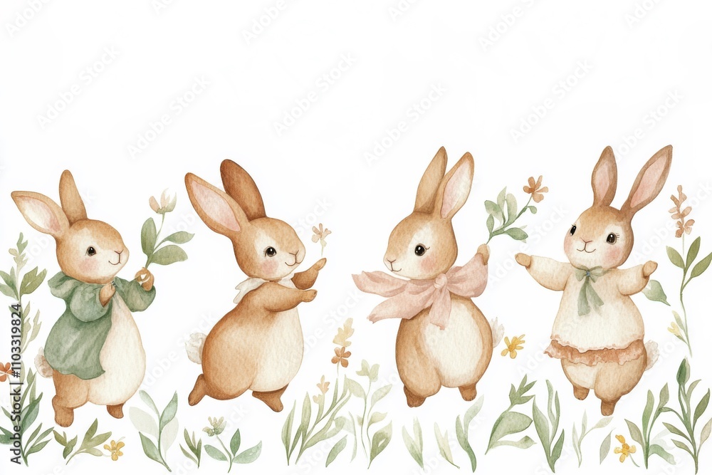 charming watercolor illustration of four cute bunnies dressed in spring outfits dancing among flowers and greenery isolated on white background charming watercolor illustration of four cute bunnies dressed in spring outfits dancing among flowers and greenery isolated on white background