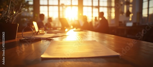 Wallpaper Mural Sunlit Office Meeting Room with Papers on Table and Silhouetted People in Background During Golden Hour Torontodigital.ca