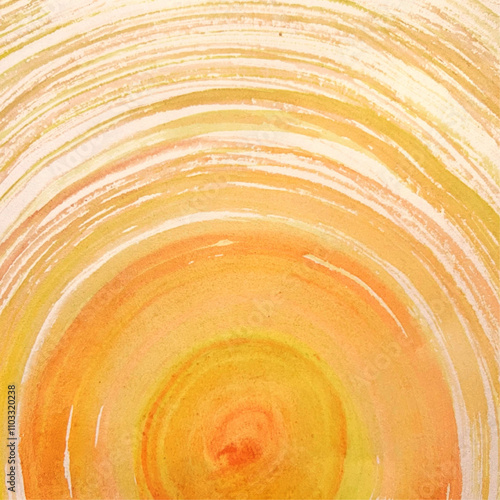 波紋を描いた水彩画、オレンジ色の波紋、筆跡のある水彩画、刷毛跡のある絵、顔彩で描いた太陽の光のリング